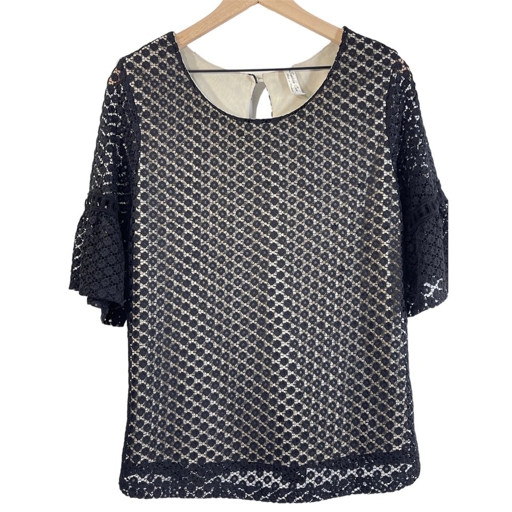 Per Seption Concept Size Large Black Lace Overlay Beige Lining Ruffle Sleeves